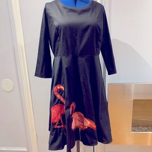 Flamingo Dress embroidered on black dress w/ long sleeves, sz XXXL. So fancy!